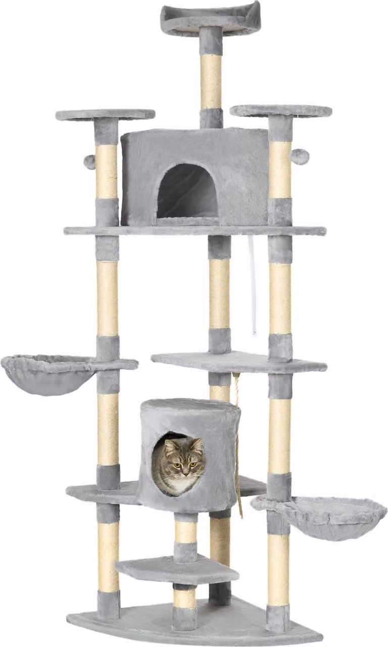 Moonbite Albero per gatti XXL, 200 cm di altezza, con 2 rifugi, 2 amache e 3 pali in sisal. Torre per gatti con piattaforme, adatta a gatti fino a 10 kg, realizzata in pannello di legno, colore grigio chiaro