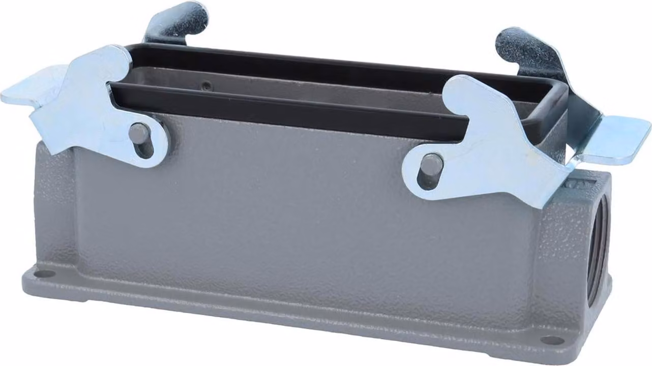 HARTING Han 24B per 2 inserti, alloggiamento base basso, 1xPG21 uscita cavo laterale, con 2 staffe trasversali, raccordo a vite
