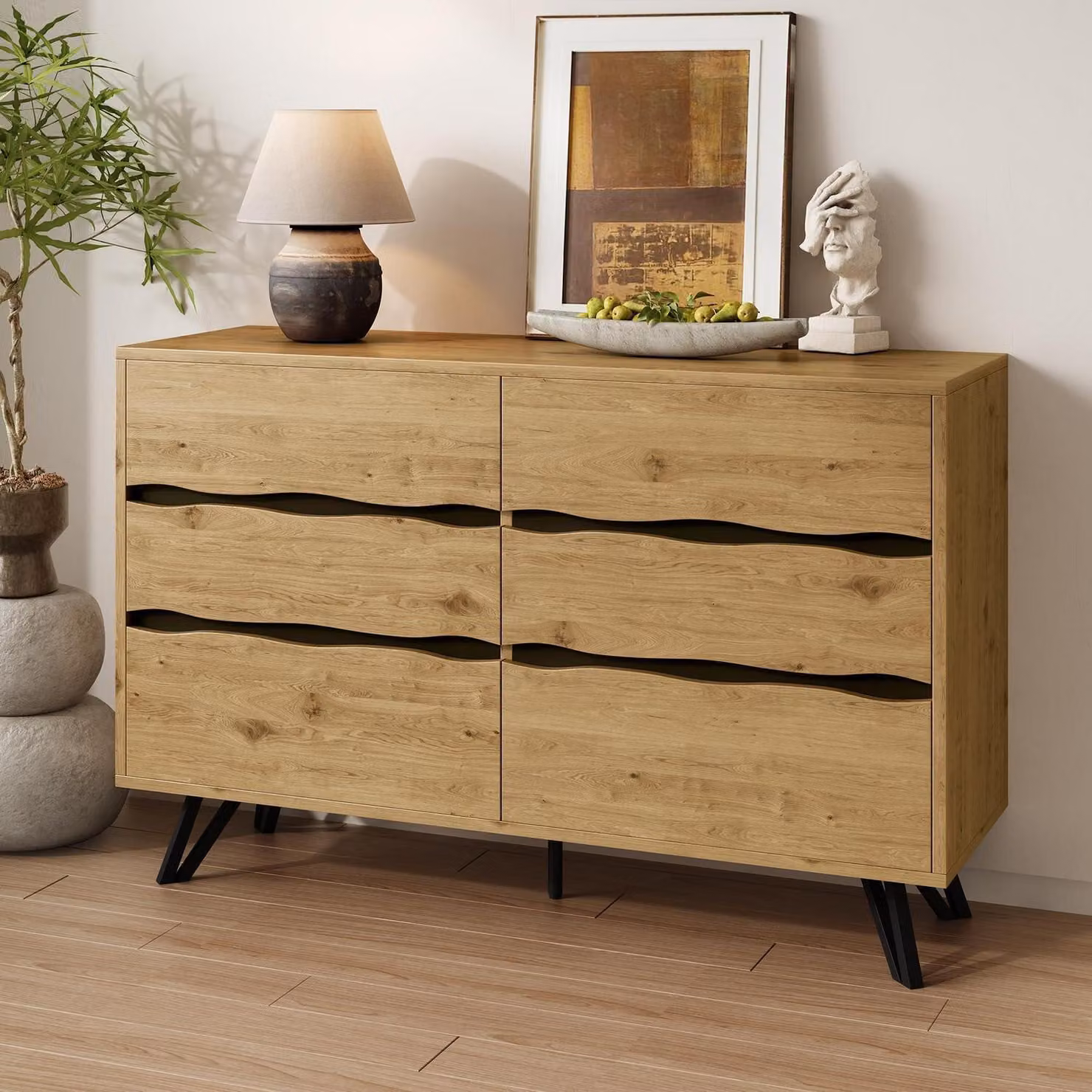 Comodino con 6 cassetti, finitura effetto legno, gambe in metallo, dimensioni 120x40x75,5 cm
