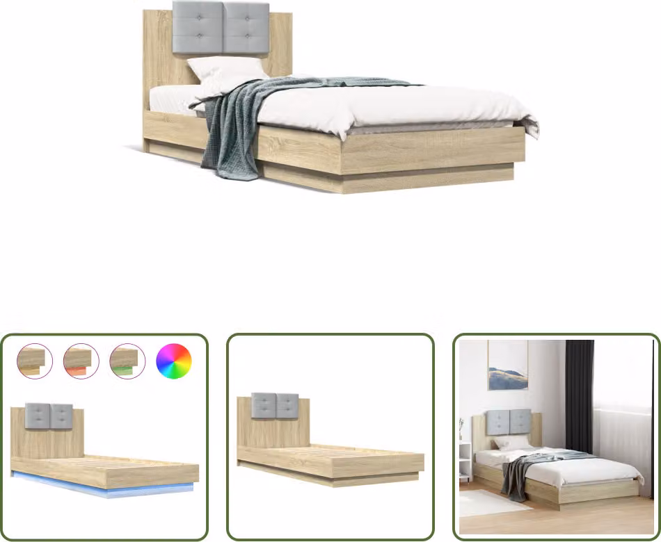The Living Store Struttura letto con testiera e luci LED Rovere Sonoma 90x200cm