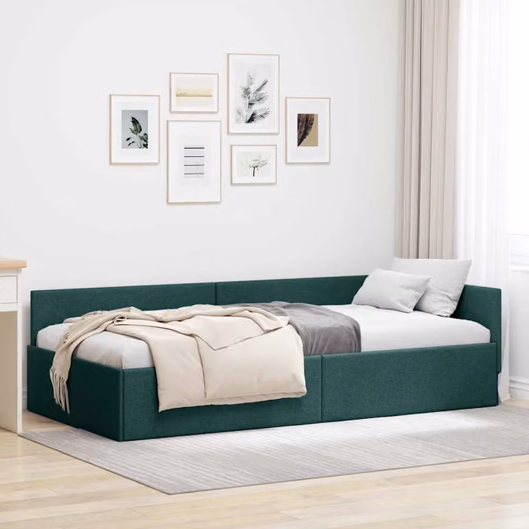 vidaXL Cornice del letto ad angolo in tessuto verde con struttura in legno e doghe L/P: 100 x 200 cm