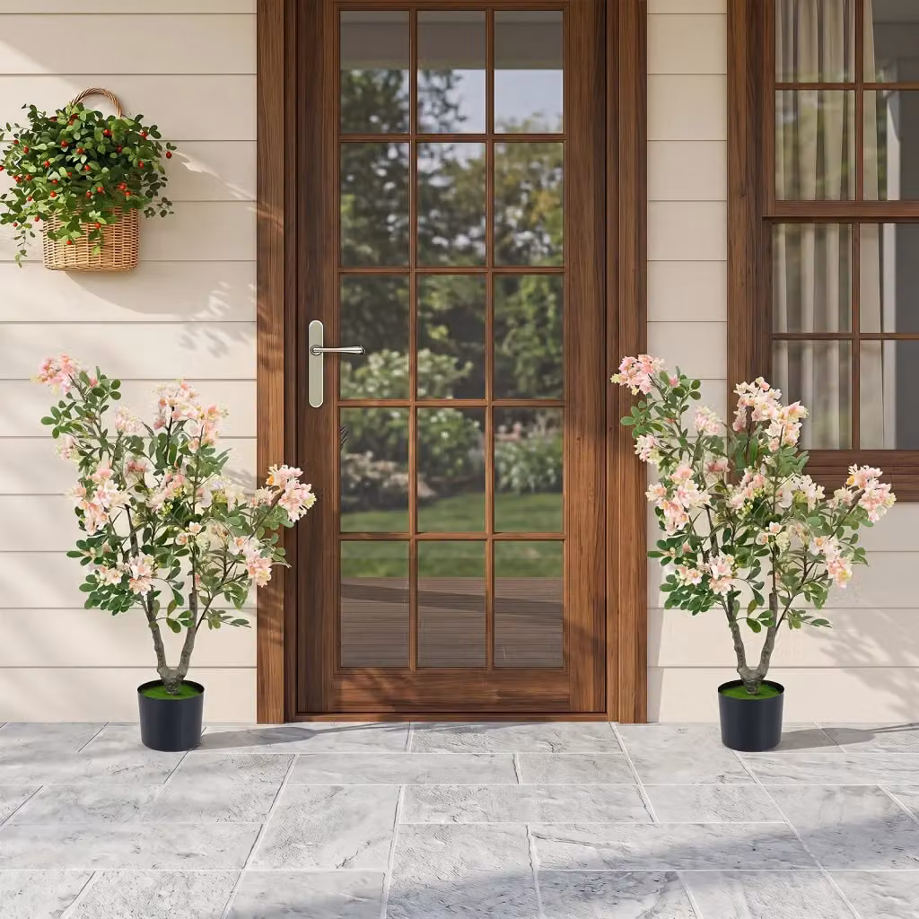 Set di 2 alberi artificiali con fiori di impatiens rosa in seta e vaso in cemento, Altezza: 90 cm – 2