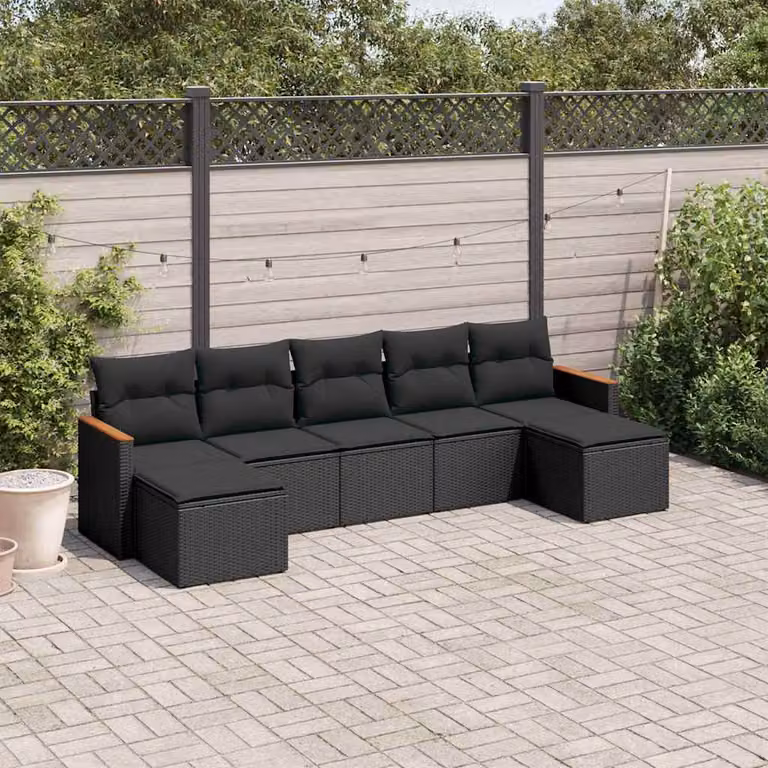 vidaXL Set Divani da Giardino Moderno in Polyrattan Nero con 7 Cuscini e Ottoman