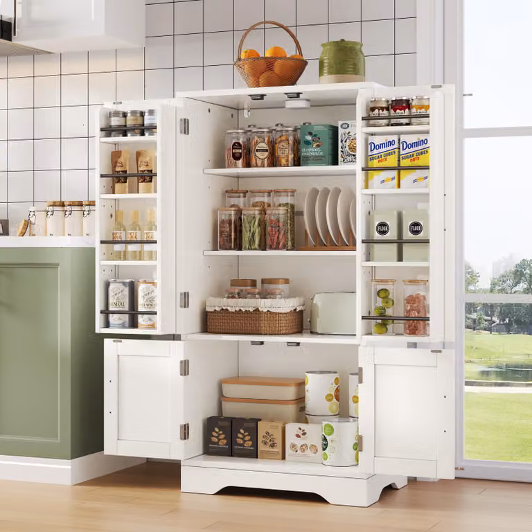 mobile buffet okwish mobile laterale con LED e 2 ripiani regolabili, mobile da cucina con ripiani e dispositivo antiribaltamento, mobile contenitore con maniglie in metallo, bianco