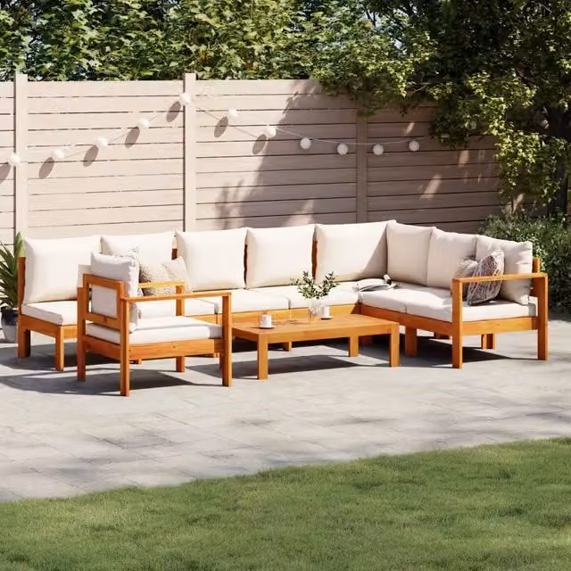Set Divano da Giardino a L vidaXL in Legno di Acacia con Cuscini Bianchi, 6 Pezzi – 1