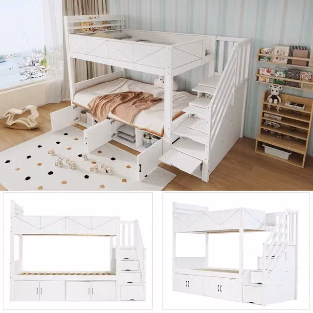 Letto a castello bianco 90x200 cm con scala contenitore; armadietti; sponda rialzata e mensola per cameretta