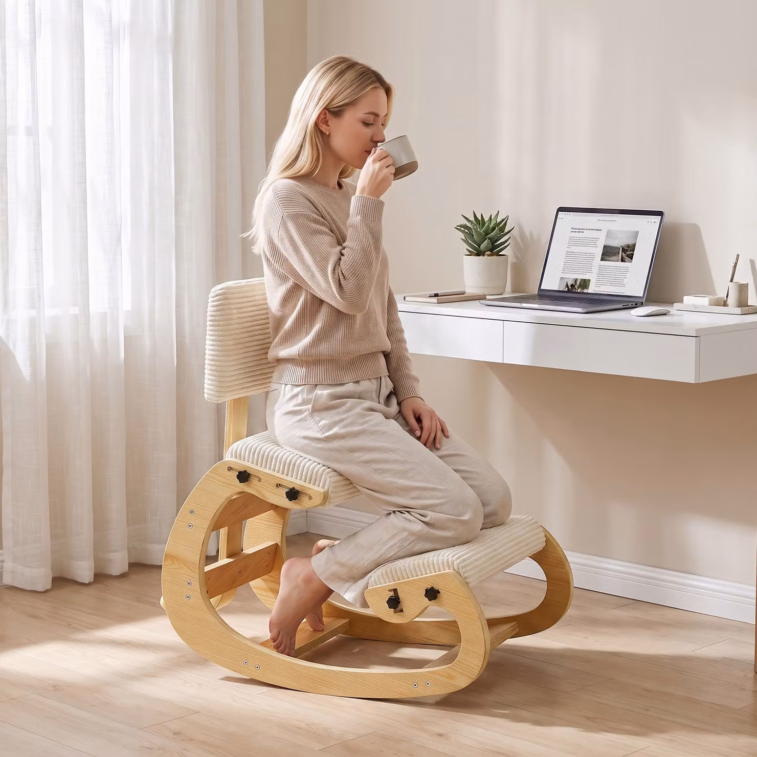 Sgabello ergonomico da ginocchio con schienale HOMCOM in velluto a coste bianco crema – 2
