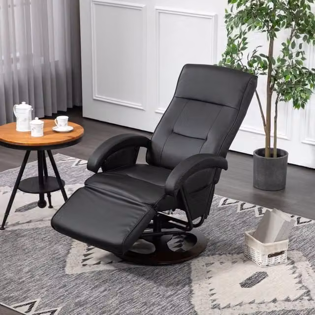 Poltrona relax 86x66x107 cm reclinabile e girevole in similpelle nera