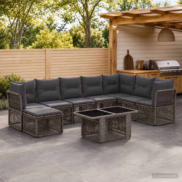Set Divano da Giardino Moderno vidaXL in Polyrattan Grigio con 9 Pezzi e Cuscini Inclusi