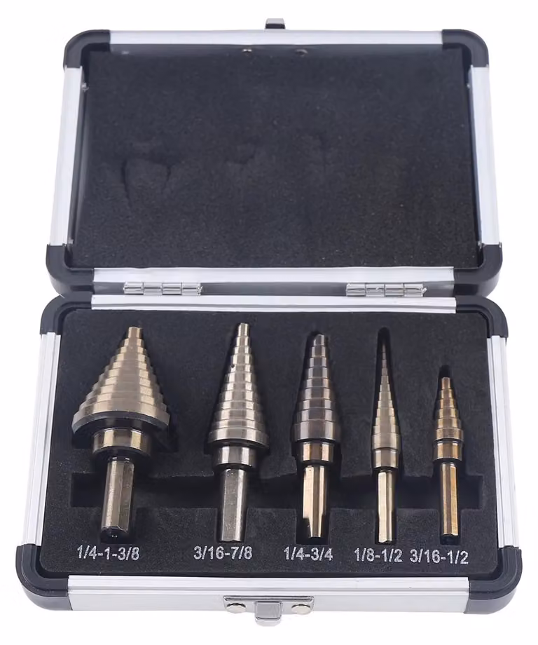 Set di punte da trapano a gradoni, 5 pezzi, punte metalliche di precisione, colore argento