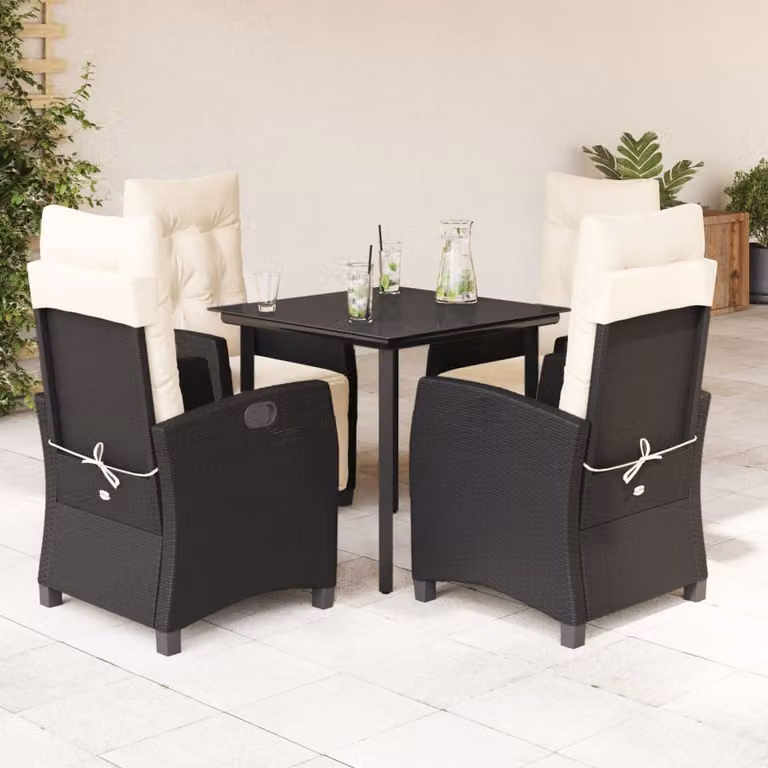 Set da pranzo da giardino vidaXL in polyrattan nero con tavolo in vetro e 5 sedie con cuscini