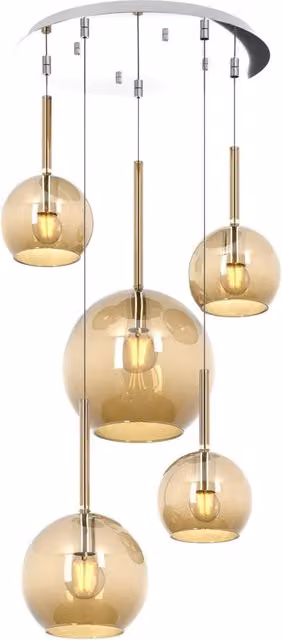 Lampadario Contemporaneo Future Metallo Cromo Vetro Mix Ambra 5 Luci E27