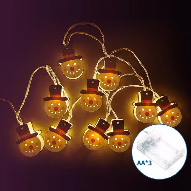 Catena luminosa a LED, 3 metri, luce bianco caldo, con decorazioni a forma di pupazzo di neve in legno, alimentata a batteria