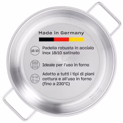Fissler Pure Collection - Padella in acciaio inox (diametro 28 cm) non rivestita, scala graduata interna, bordo alto, compatibile Induzione