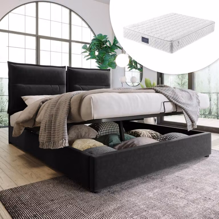 Letto imbottito 140x200 cm con spazio contenitore a sollevamento idraulico, poggiatesta regolabile in altezza, rete a doghe e rivestimento in velluto, colore nero