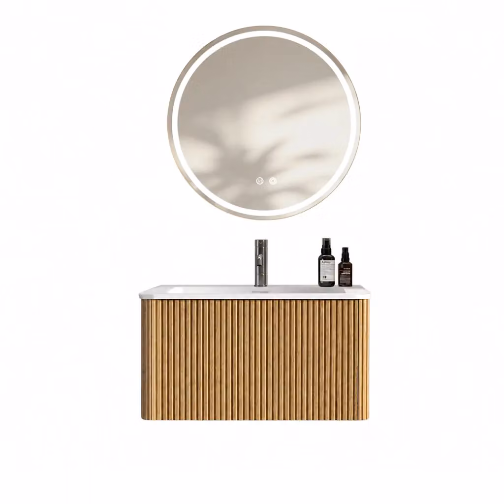 Mobile bagno sospeso moderno in MDF rovere con 1 cassetto, lavabo integrato e specchio LED antiappannamento color marrone – 2