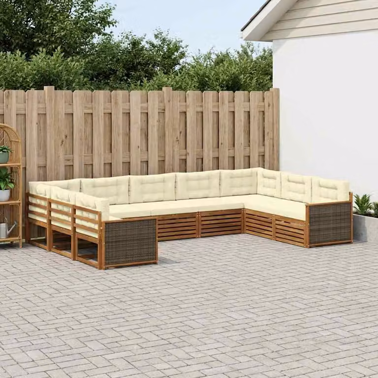 Set di divani da esterno vidaXL a forma di U composto da 9 pezzi in legno di acacia con cuscini, colore beige e marrone naturale