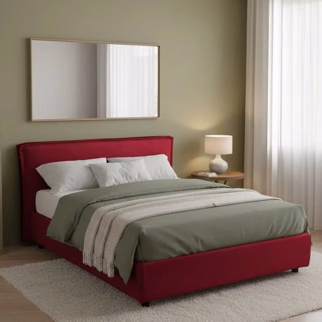 Letto alla francese DMORA con materasso incluso, base contenitore lift up, Made in Italy, Rosso e Nero, L/P/H: 140 x 200 x 105 cm