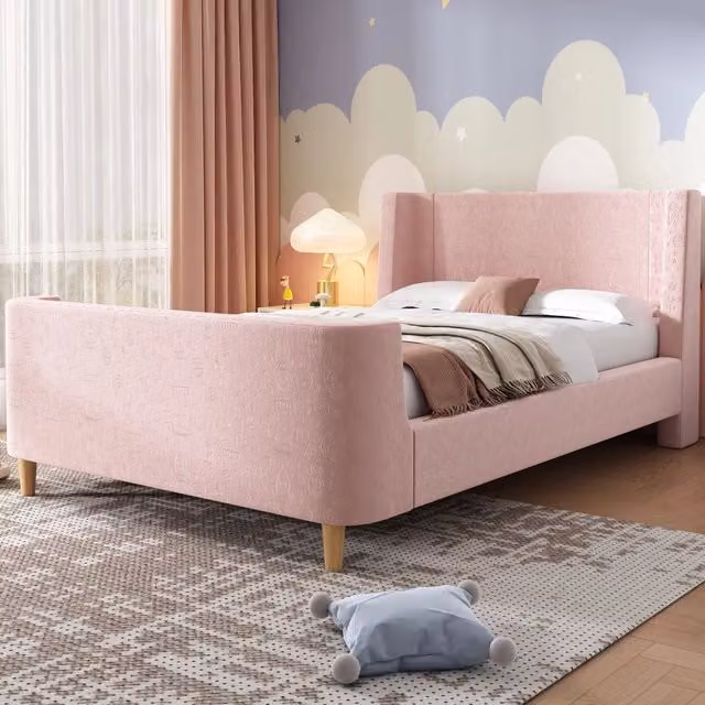 Letto singolo 90x200 cm con fantasia spaziale e design a slitta in velluto rosa