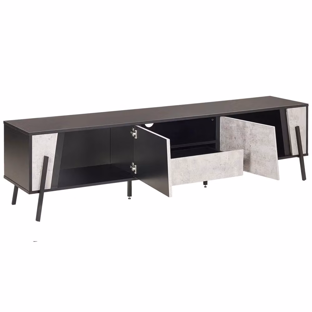 Mobile TV BELIANI in stile industriale con effetto cemento grigio, gambe in metallo nero, 1 cassetto e 2 armadietti, adatto per schermi fino a 75 pollici, L: 177 cm, P: 40 cm, H: 46 cm – 2