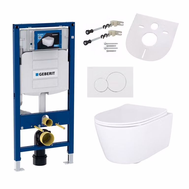 WC sospeso senza bordo di scarico con sedile con chiusura ammortizzata, compatibile con l'elemento pre-parete Geberit