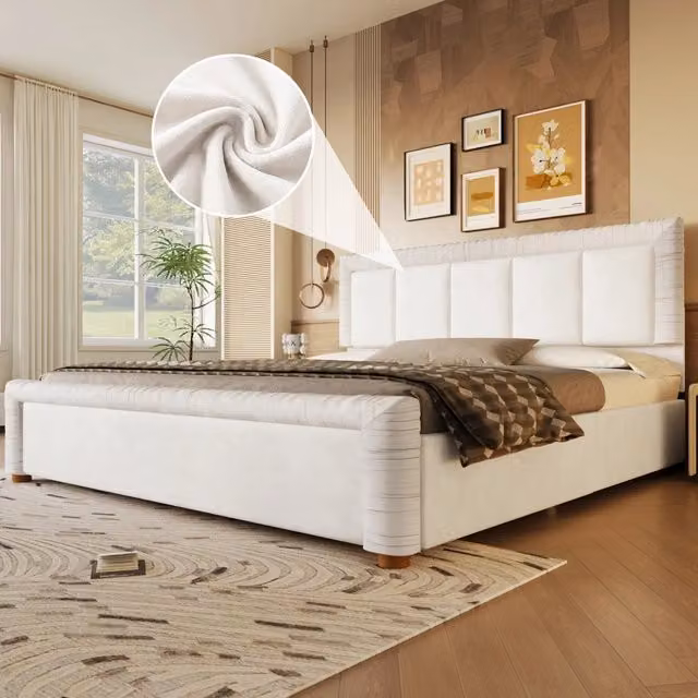 Letto imbottito 180x200 in velluto francese beige con 2 cassetti