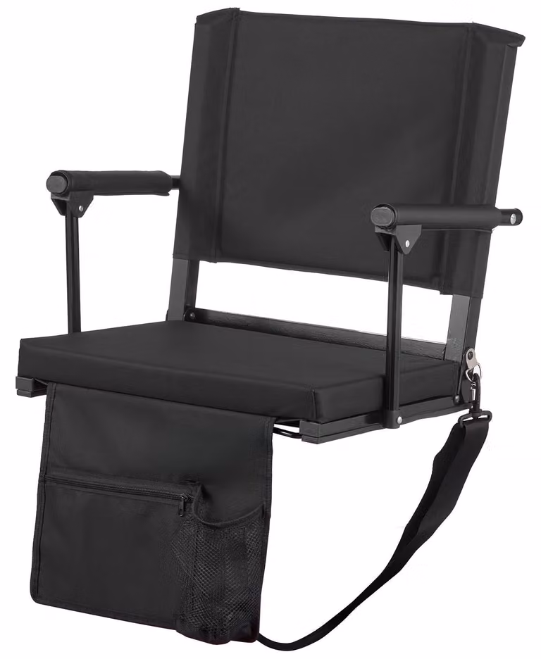 SucceBuy: sedia da stadio portatile con schienale e braccioli, seduta con tracolla, portabevande e gancio, realizzata in tessuto Oxford 600D (larghezza 474,98 mm), colore nero, 1 pezzo