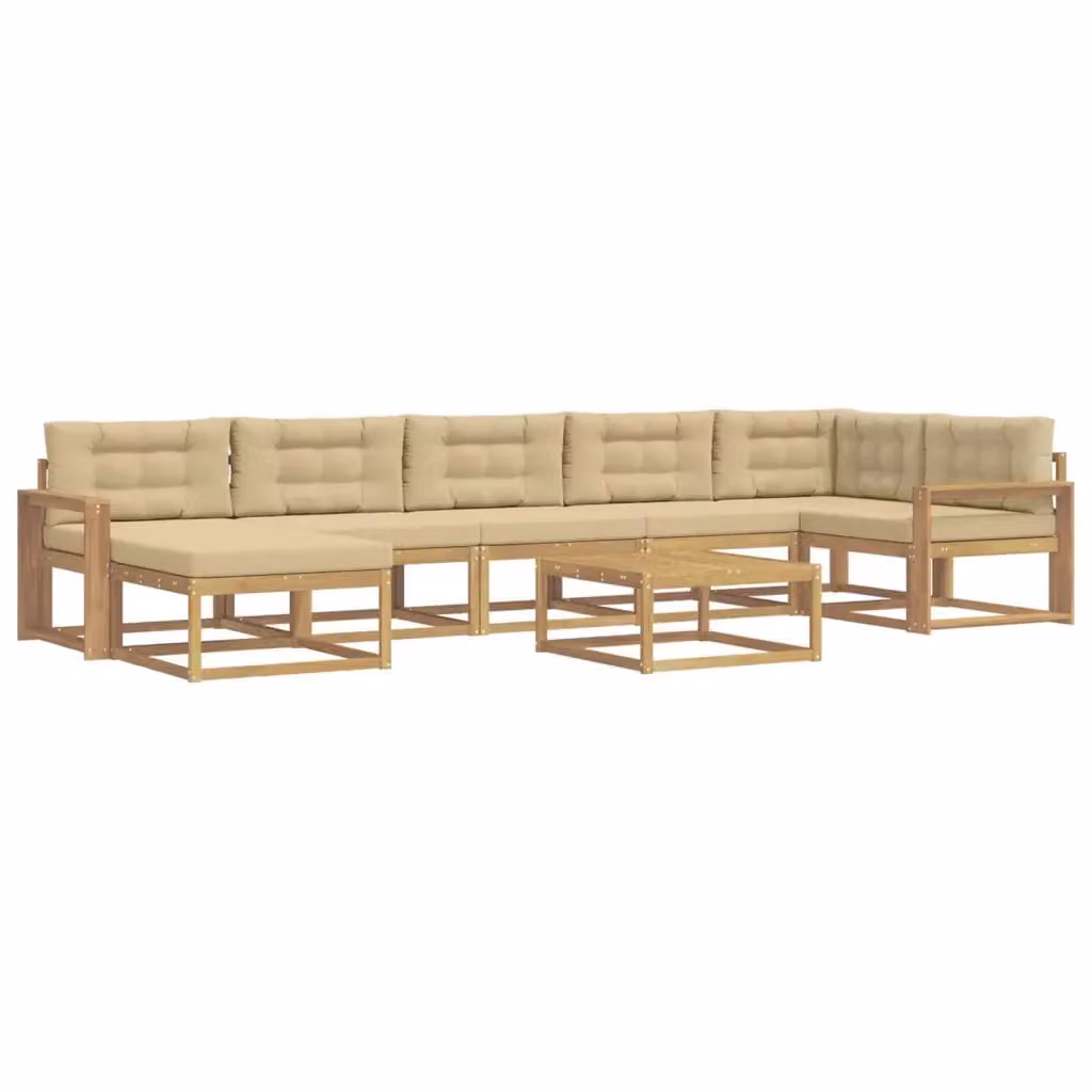 Set di divani da esterno a L con tavolo e pouf vidaXL, Bianco e Beige, in legno di acacia con cuscini inclusi – 2
