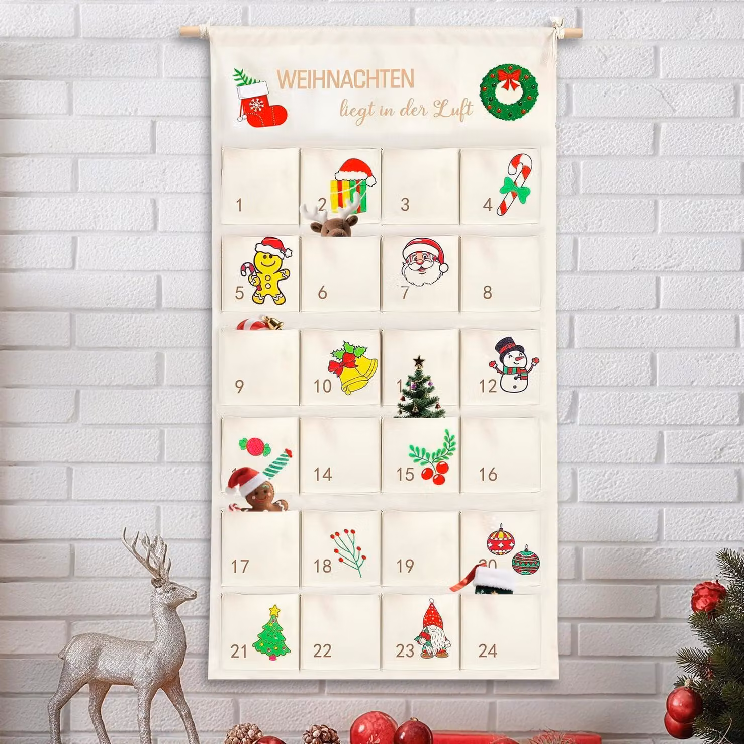 Calendario dell'Avvento da riempire, in tessuto, da appendere, dimensioni 100x50 cm, con 24 tasche, riutilizzabile, per l'anno 2026