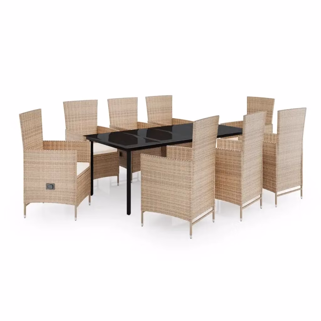 Set da pranzo da giardino vidaXL in polyrattan con tavolo in vetro e 9 pezzi con cuscini beige, nero e bianco – 2