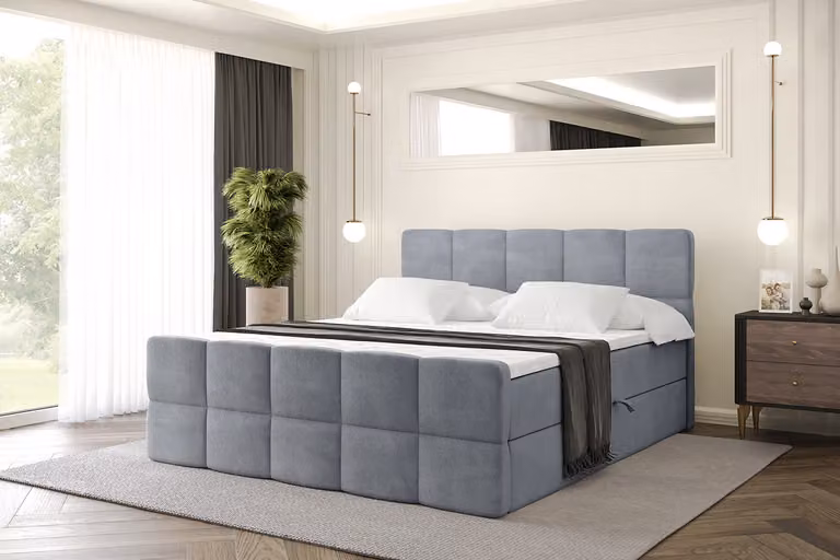 Letto boxspring ALTDECOR con materasso e rete a doghe, topper, letto imbottito con contenitore, letto con spazio contenitivo e materasso H3, letto matrimoniale, letto a cassettoni - LIRO-Z - 180x200 - Grigio Casablanca
