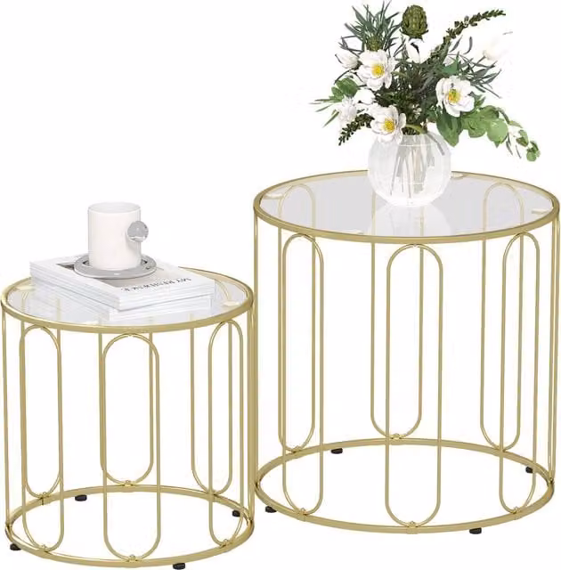 Set di 2 tavolini da caffè impilabili Xylo con vetro temperato e struttura in metallo dorato L/P/H: 50x50x50 cm e 40x40x40 cm