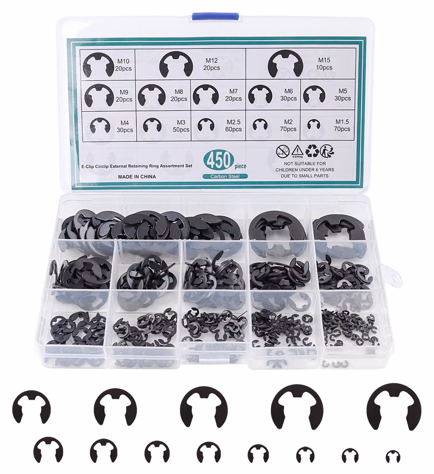 Anelli di sicurezza E-Clips, confezione da 450 pezzi, 13 diverse dimensioni, Acciaio al carbonio