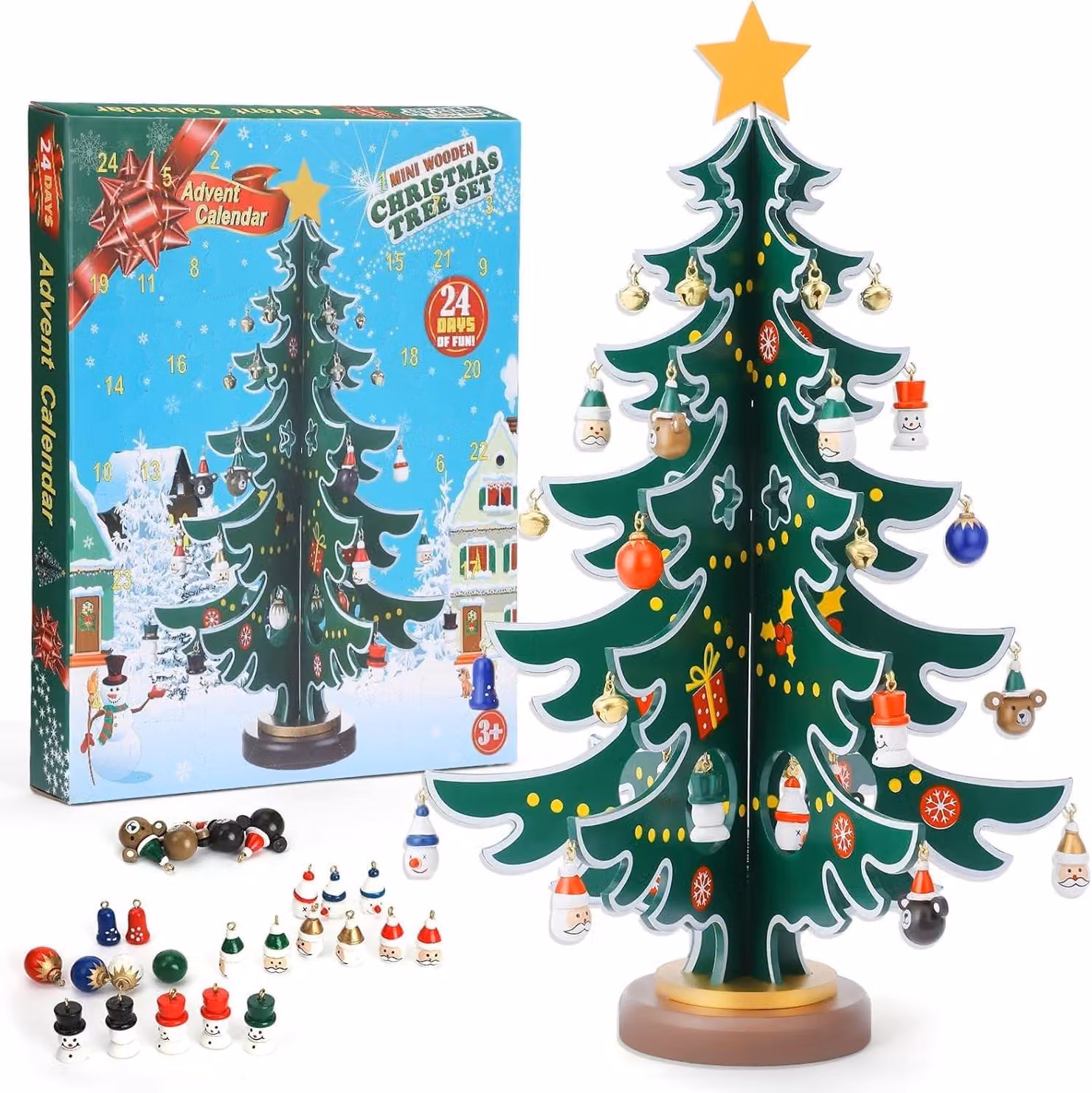 Calendario dell'Avvento in legno con 36 decorazioni