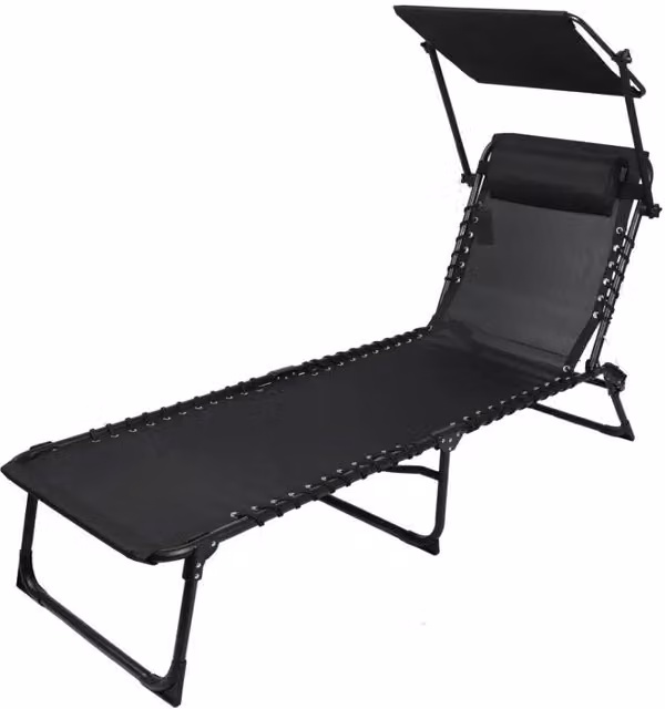 Set di 2 lettini da esterno Meublorama con parasole e tavolino laterale in metallo nero e tessuto nero, L/P/H: 187 x 56 x 85 cm