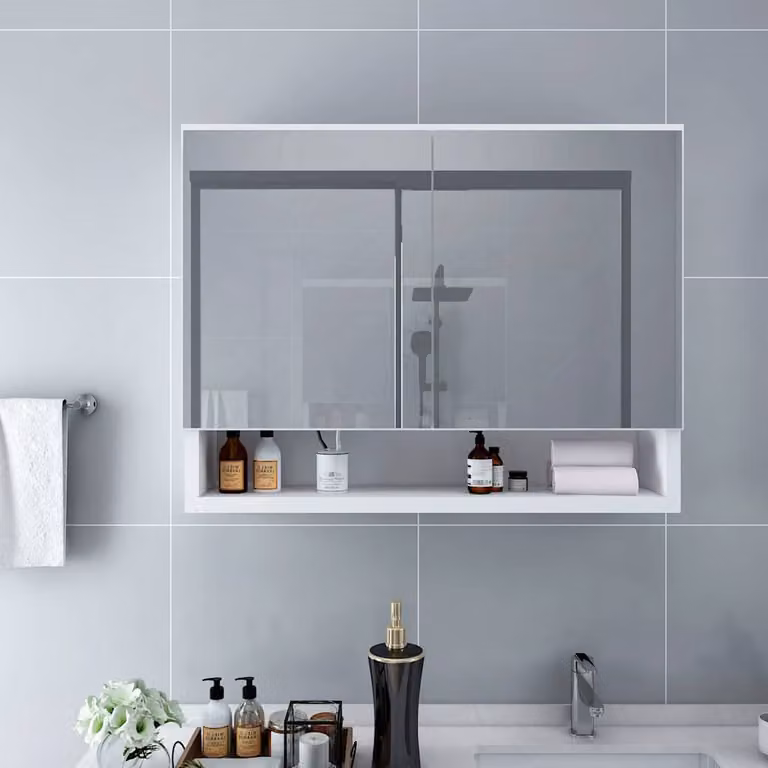 Armadietto a specchio con LED vidaXL bianco moderno con ripiani interni e montaggio a parete L 80 cm, H 60 cm, P 15 cm
