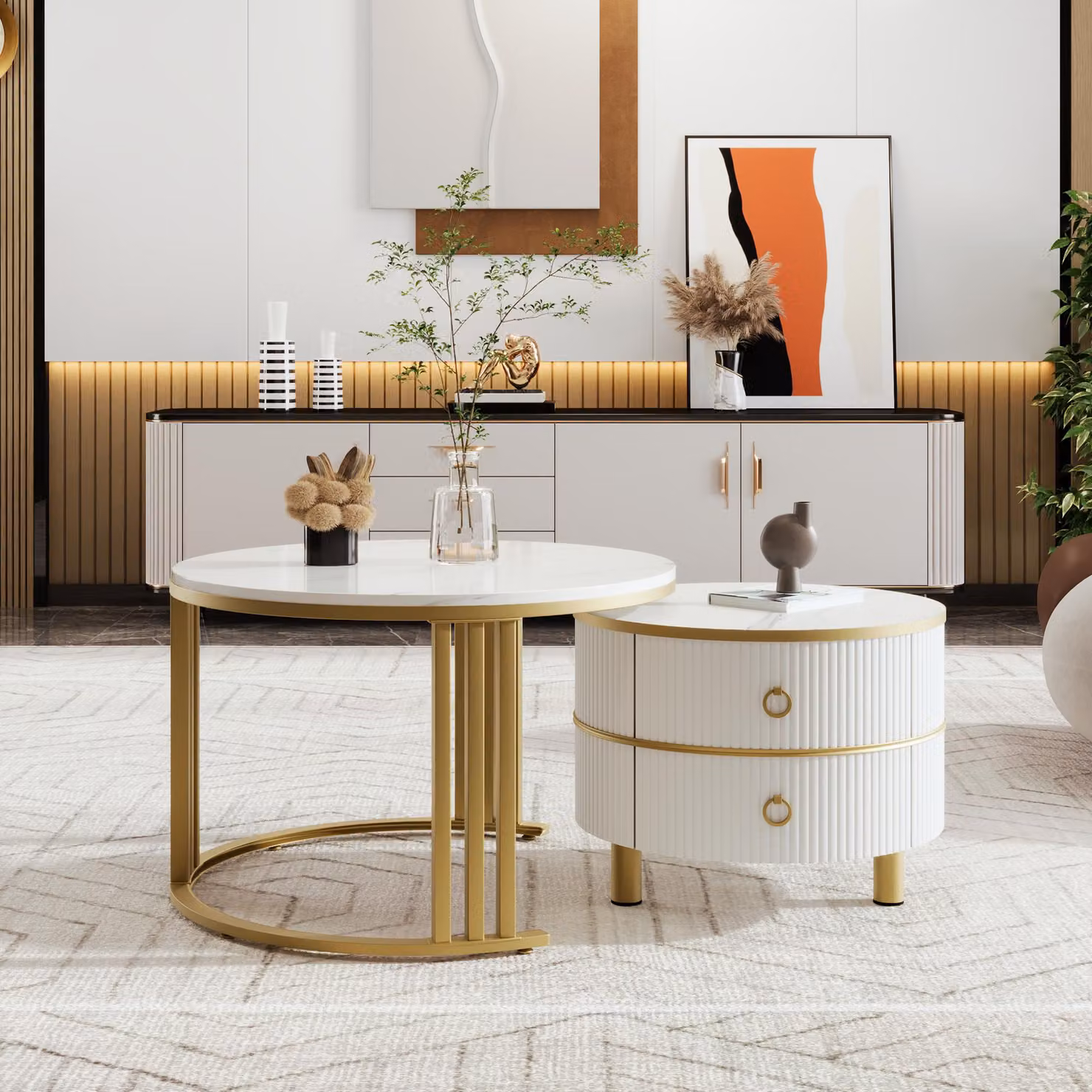 Set di tavolini da salotto Merax 2-in-1, con finitura lucida, forma rotonda, tavolo con 2 cassetti, aspetto marmo, tavolino ausiliario in MDF, bianco