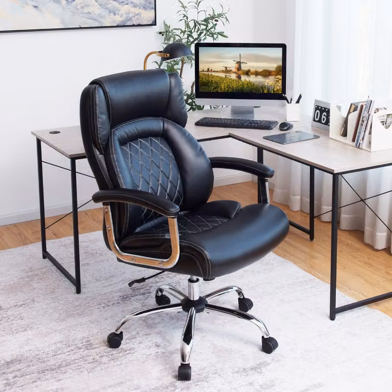 Sedia da ufficio ergonomica Costway in ecopelle nera con braccioli imbottiti, poggiatesta e base in metallo girevole, regolabile in altezza