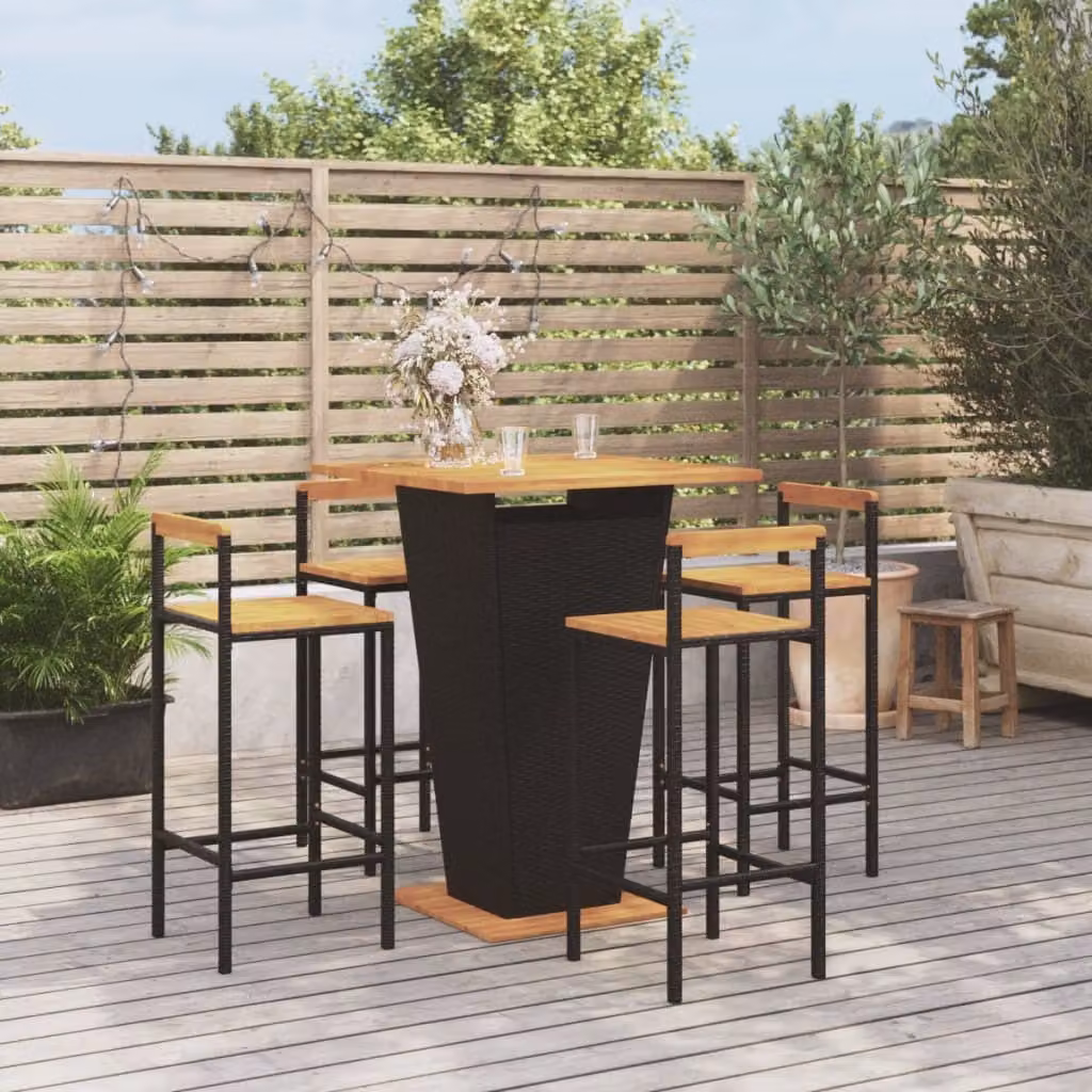 The Living Store Set bar da giardino 5 pezzi in poly rattan nero e legno massiccio di acacia