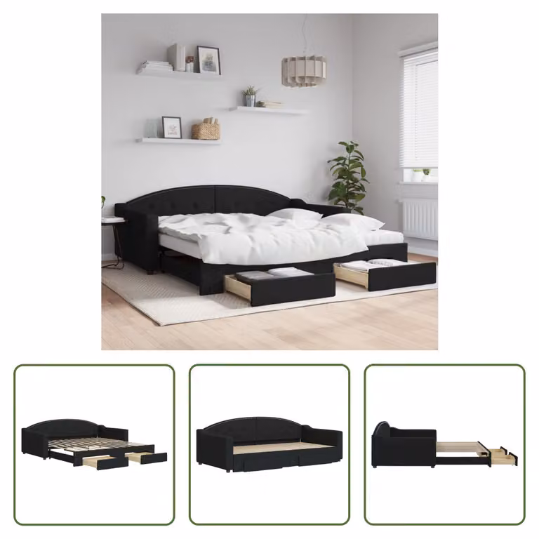The Living Store Letto da giorno allungabile con cassetti nero 100x200 cm in tessuto