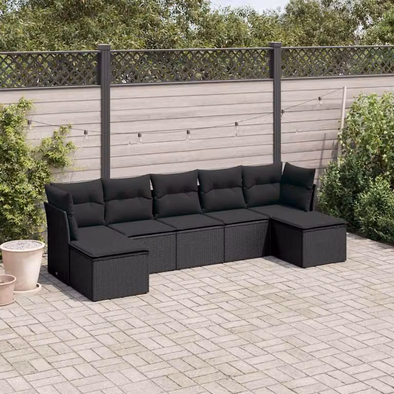 vidaXL Set Divani da Giardino a L con Cuscini 7pz Nero Polyrattan e Struttura in Metallo