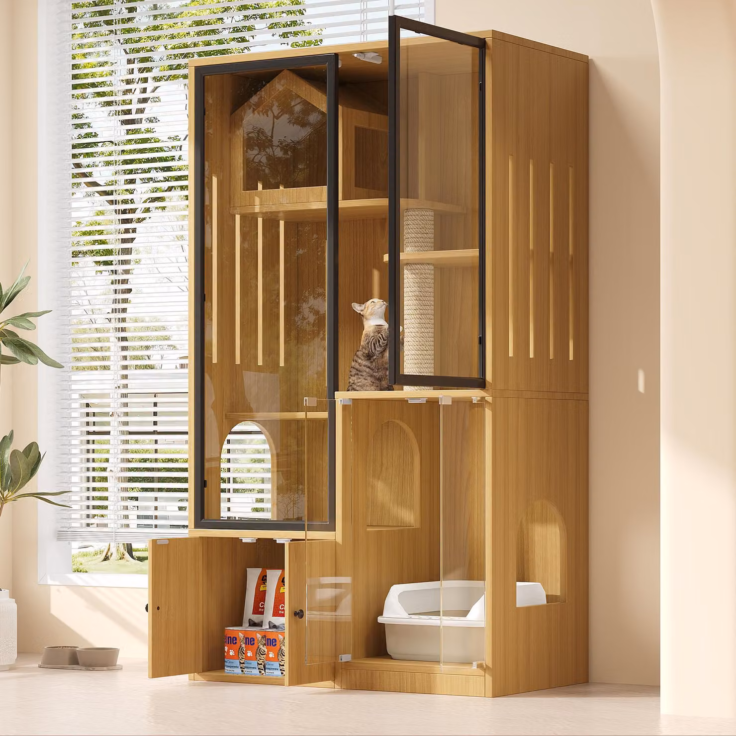 Flieks mobile alto con casetta per gatti e tiragraffi, villa per gatti con cassetti, set di mobili per animali domestici gabbia per gatti con porte in vetro, giallo