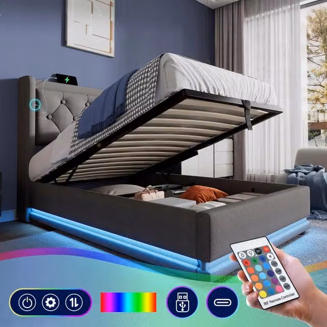 Letto imbottito 90x200 grigio - Xylo - Stelaio idraulico LED USB-C