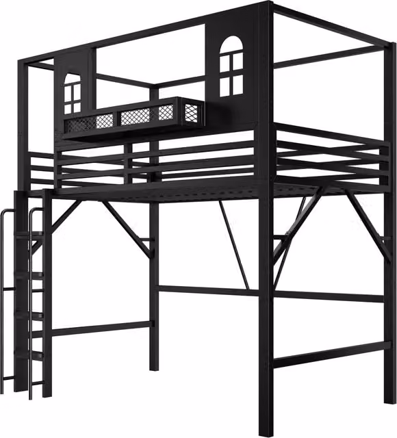 Letto a Soppalco Singolo in Metallo con Scala e Ripiani Laterali Nero L/P/H: 200 x 90 x 176,5 cm