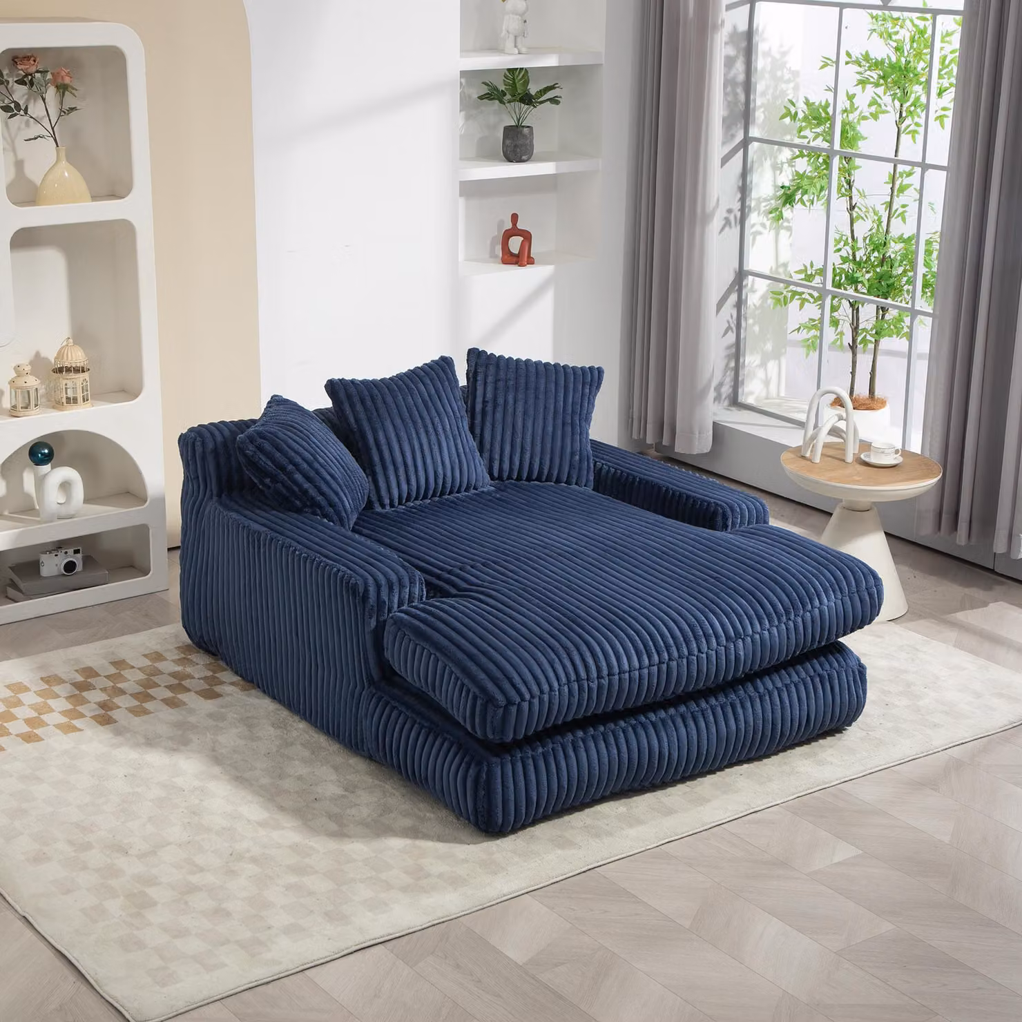 okwish divano letto in velluto a coste, divano da terra a seduta singola con 3 morbidi cuscini, chaise longue imbottita dal design ergonomico, blu navy