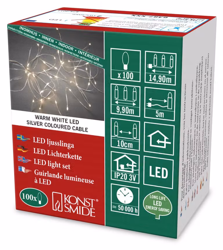 Catena luminosa a LED, 100 diodi bianco caldo, forma a goccia, 3 V, colore argento, grado di protezione IP20