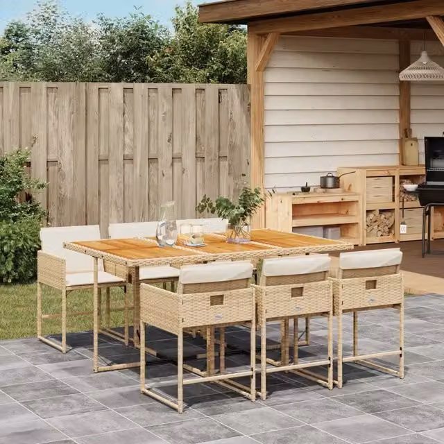 Set da Pranzo da Giardino 7 pz con Cuscini Beige in Polyrattan 3278043