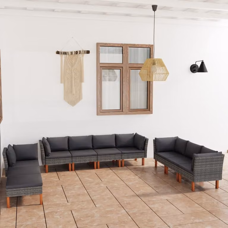 The Living Store Set da giardino da 10 pezzi con cuscini in poly rattan grigio