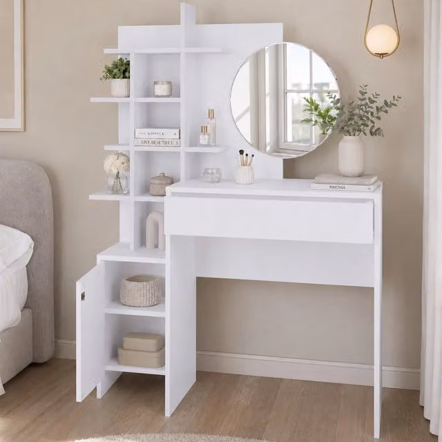Postazione Make Up Shally Dogan con Specchio Rotondo e Mensole, Bianco, L: 105 cm, P: 35 cm, H: 151 cm
