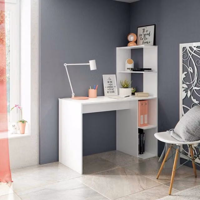 Scrivania Abba DMORA con libreria integrata, tavolo ufficio moderno in legno bianco, L: 110 cm, P: 52 cm, H: 136 cm